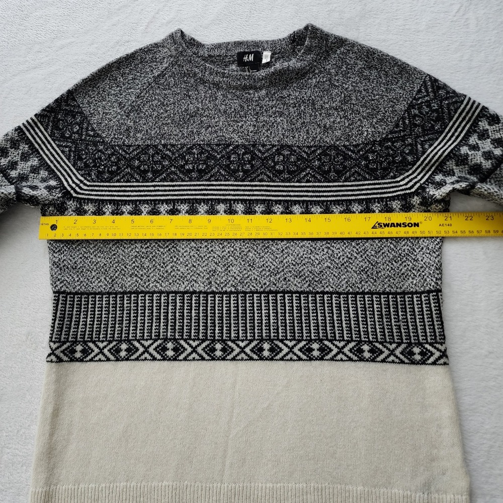 H&M Fair Isle Crewneck Sweater Mens Large Cream Black Wool Blend‎ Knit Geometric - Picture 9 of 12